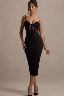 Lucid Dream | Black Strappy Mesh Corset Midi Dress