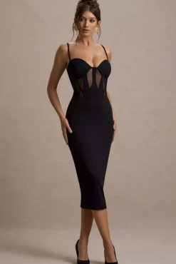 Lucid Dream | Black Strappy Mesh Corset Midi Dress