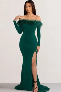 Lucilu | Bottle Green Feather Bardot Long Sleeve Maxi Dress with Side Split