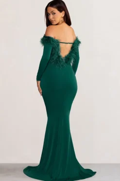 Lucilu | Bottle Green Feather Bardot Long Sleeve Maxi Dress with Side Split