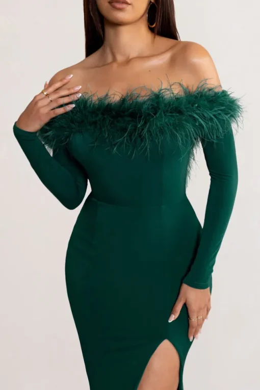 Lucilu | Bottle Green Feather Bardot Long Sleeve Maxi Dress with Side Split