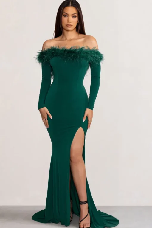 Lucilu | Bottle Green Feather Bardot Long Sleeve Maxi Dress with Side Split