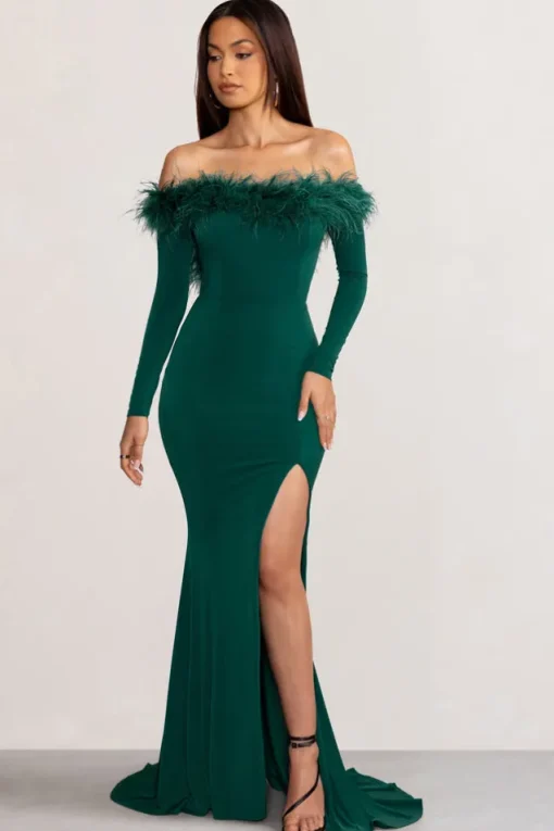 Lucilu | Bottle Green Feather Bardot Long Sleeve Maxi Dress with Side Split