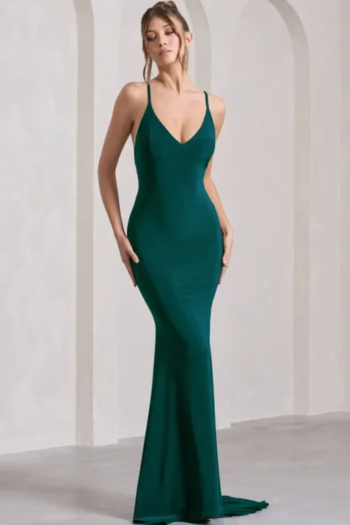 Lucky Number | Bottle Green Cross Back Fishtail Maxi Dress