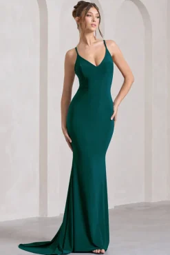 Lucky Number | Bottle Green Cross Back Fishtail Maxi Dress