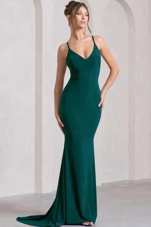 Lucky Number | Bottle Green Cross Back Fishtail Maxi Dress