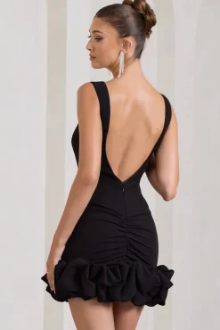 Lucy | Black Strappy Mini Dress With Ruffle Trim