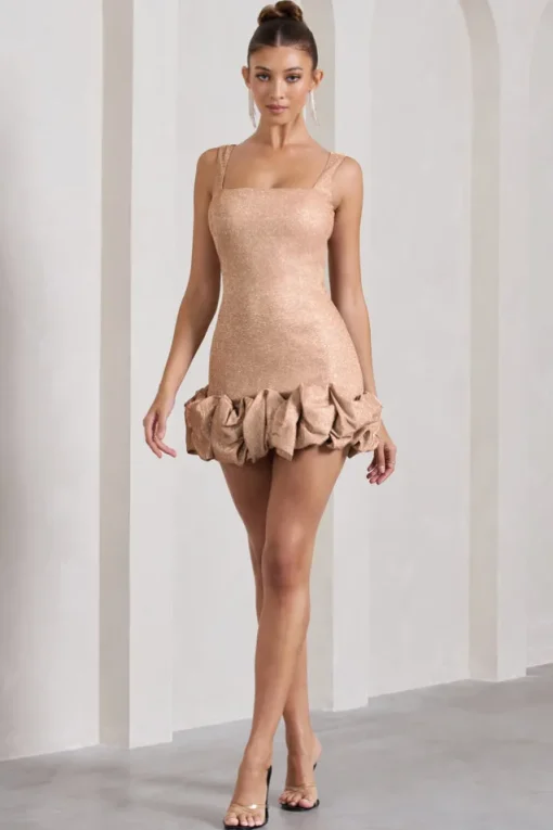 Lucy | Blush Glitter Strappy Micro Mini Dress With Ruffle Trim