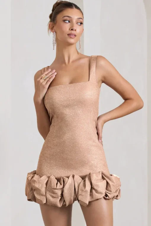 Lucy | Blush Glitter Strappy Micro Mini Dress With Ruffle Trim
