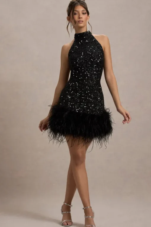 Lumi | Black Sequin High-Neck Feather Trim Mini Dress