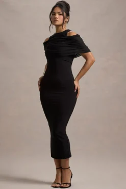 Lupine | Black Mesh Bardot Bodycon Midi Dress