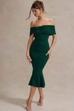 Lydia | Bottle Green Bardot Bow Detail Midi Dress