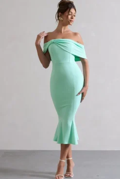 Lydia | Mint Bardot Bow Detail Midi Dress
