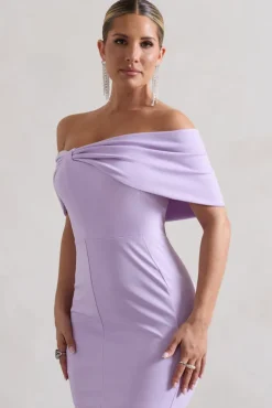 Lydia | Pastel Lilac Bardot Bow Detail Midi Dress