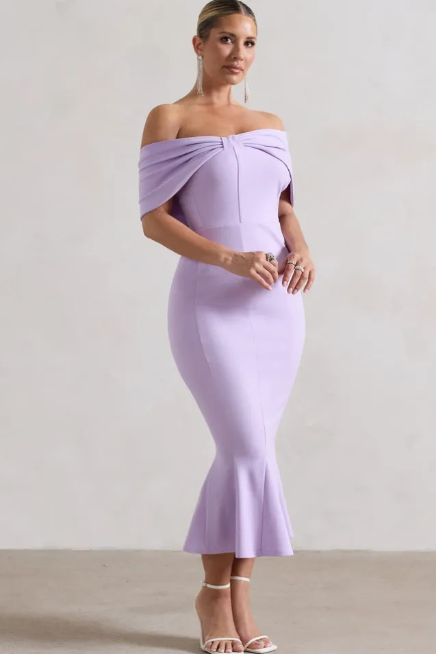 Lydia | Pastel Lilac Bardot Bow Detail Midi Dress
