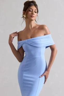 Lydia | Sky Blue Bardot Bow Detail Midi Dress