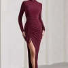 Lynn | Burgundy Ruched High-Neck Split Maxi Dress