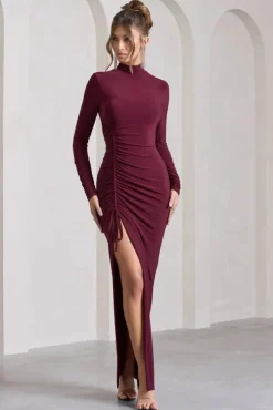Lynn | Burgundy Ruched High-Neck Split Maxi Dress