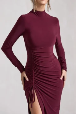 Lynn | Burgundy Ruched High-Neck Split Maxi Dress