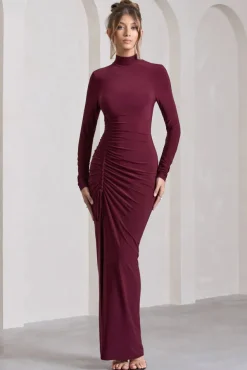 Lynn | Burgundy Ruched High-Neck Split Maxi Dress