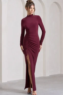 Lynn | Burgundy Ruched High-Neck Split Maxi Dress