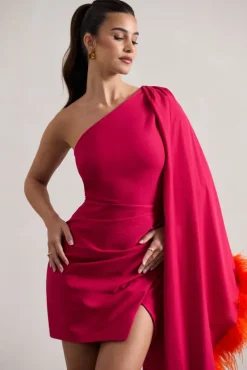 Lyrika | Dark Pink Asymmetric Cape Sleeve Mini Dress With Feathers