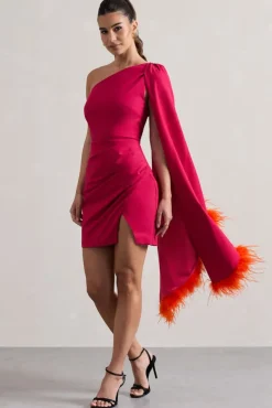 Lyrika | Dark Pink Asymmetric Cape Sleeve Mini Dress With Feathers