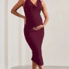 Mabel | Burgundy Cowl-Neck Ruched Maternity Midi Dress