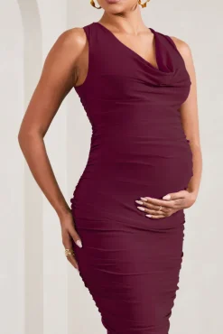 Mabel | Burgundy Cowl-Neck Ruched Maternity Midi Dress
