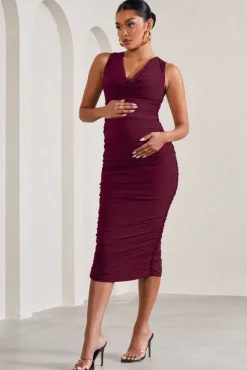 Mabel | Burgundy Cowl-Neck Ruched Maternity Midi Dress