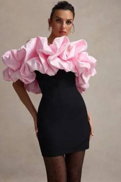 Macaron | Black Bardot Mini Dress With Pink Ruffle Trim