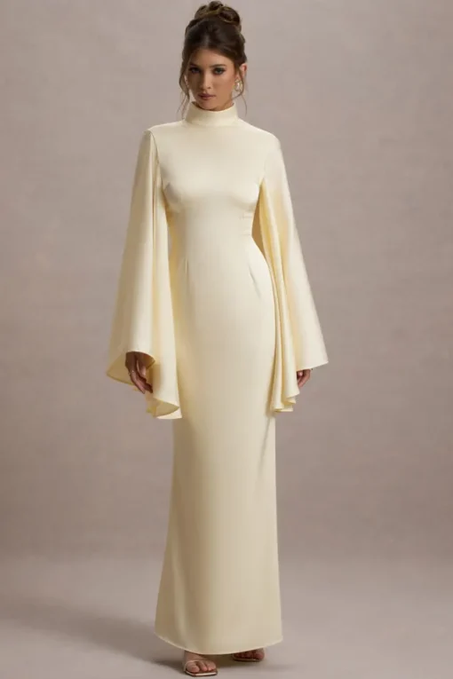 Maceline | Ecru Satin High-Neck Maxi Dress With Cape Sleeves