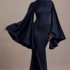 Maceline | Navy Satin High-Neck Maxi Dress With Cape Sleeves