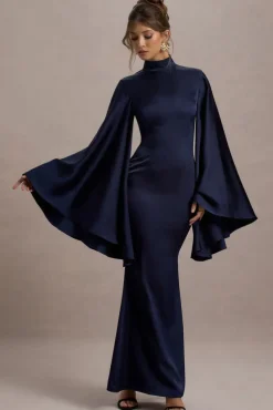 Maceline | Navy Satin High-Neck Maxi Dress With Cape Sleeves
