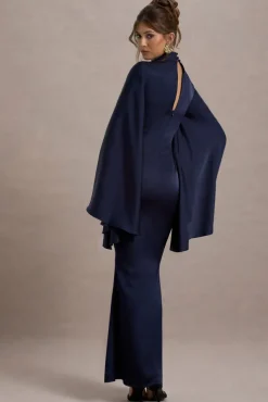 Maceline | Navy Satin High-Neck Maxi Dress With Cape Sleeves