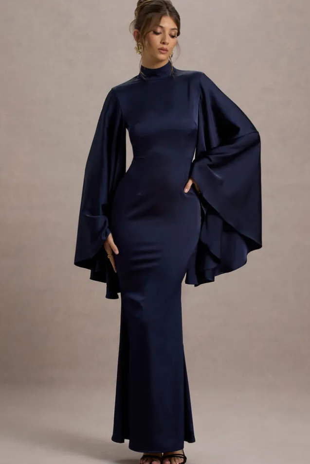 Maceline | Navy Satin High-Neck Maxi Dress With Cape Sleeves