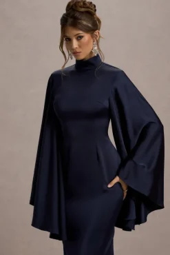 Maceline | Navy Satin High-Neck Maxi Dress With Cape Sleeves