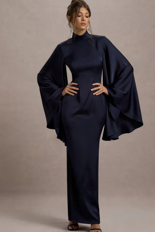 Maceline | Navy Satin High-Neck Maxi Dress With Cape Sleeves