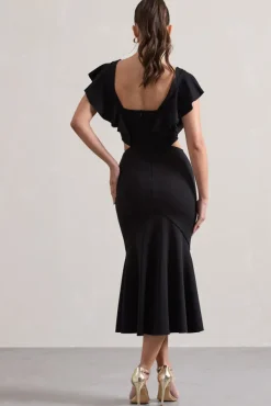 Macey | Black Square-Neck Cut-Out Ruffled Midi Dress