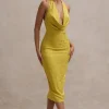 Maciza | Mustard Satin Jacquard Cowl-Neck Midi Dress