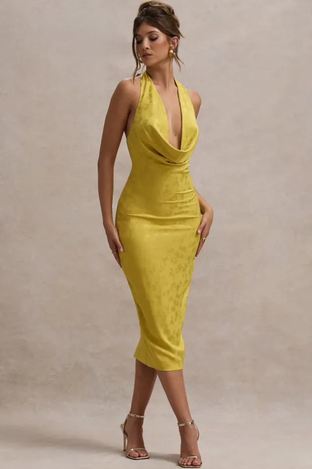 Maciza | Mustard Satin Jacquard Cowl-Neck Midi Dress