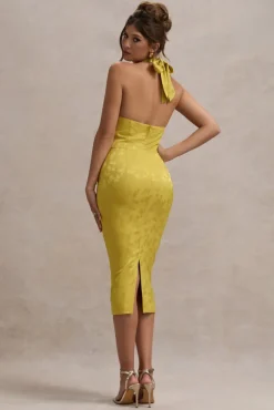 Maciza | Mustard Satin Jacquard Cowl-Neck Midi Dress