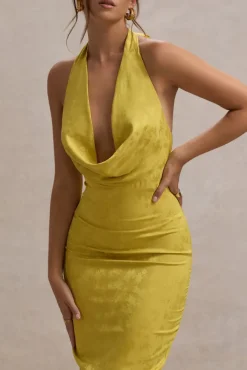 Maciza | Mustard Satin Jacquard Cowl-Neck Midi Dress