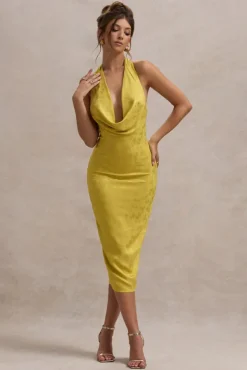 Maciza | Mustard Satin Jacquard Cowl-Neck Midi Dress