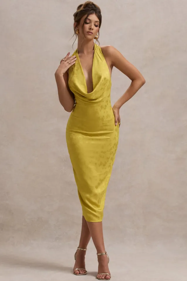 Maciza | Mustard Satin Jacquard Cowl-Neck Midi Dress