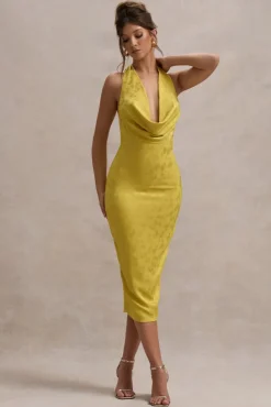Maciza | Mustard Satin Jacquard Cowl-Neck Midi Dress