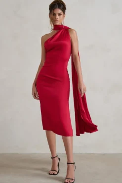 Madame | Berry Red Satin Asymmetric Scarf Neck Backless Midi Dress