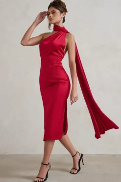 Madame | Berry Red Satin Asymmetric Scarf Neck Backless Midi Dress
