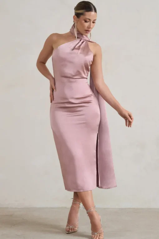 Madame | Blush Pink Satin Asymmetric Scarf Neck Backless Midi Dress