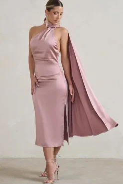 Madame | Blush Pink Satin Asymmetric Scarf Neck Backless Midi Dress